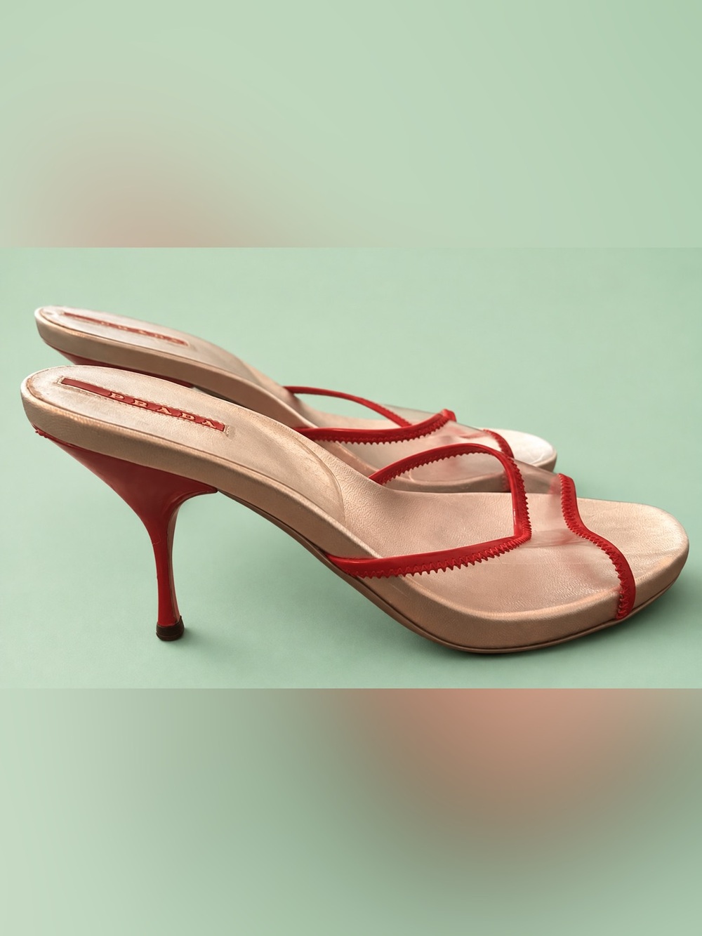 LADIES PRADA VINTAGE SILVER & RED TRANSLUCENT HEELS - SIZE 8.5